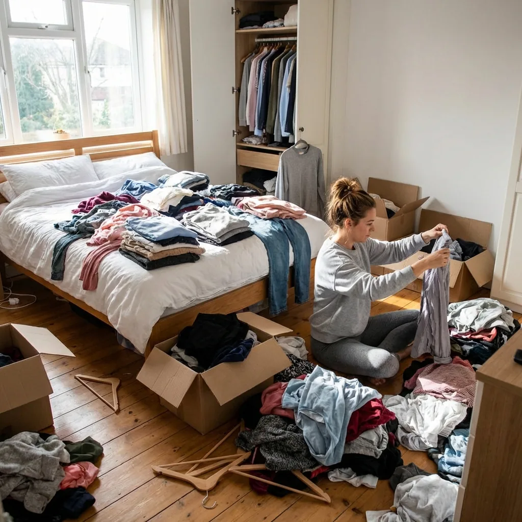 Messy bedroom with clothes piled on bed