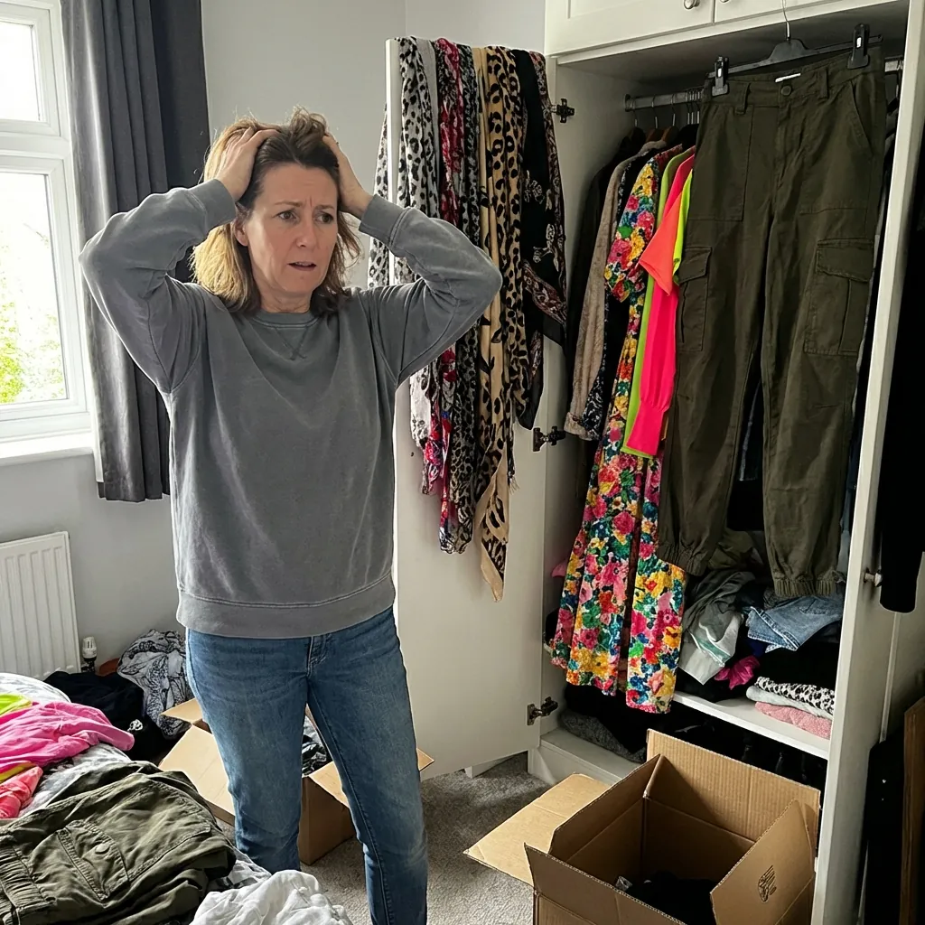 Woman overwhelmed in front of chaotic closet