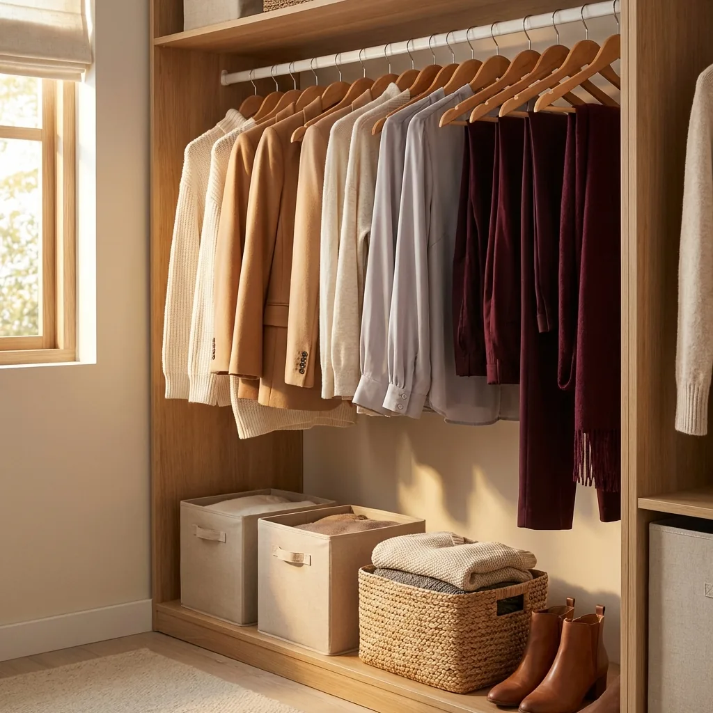 Organized closet with cohesive capsule wardrobe