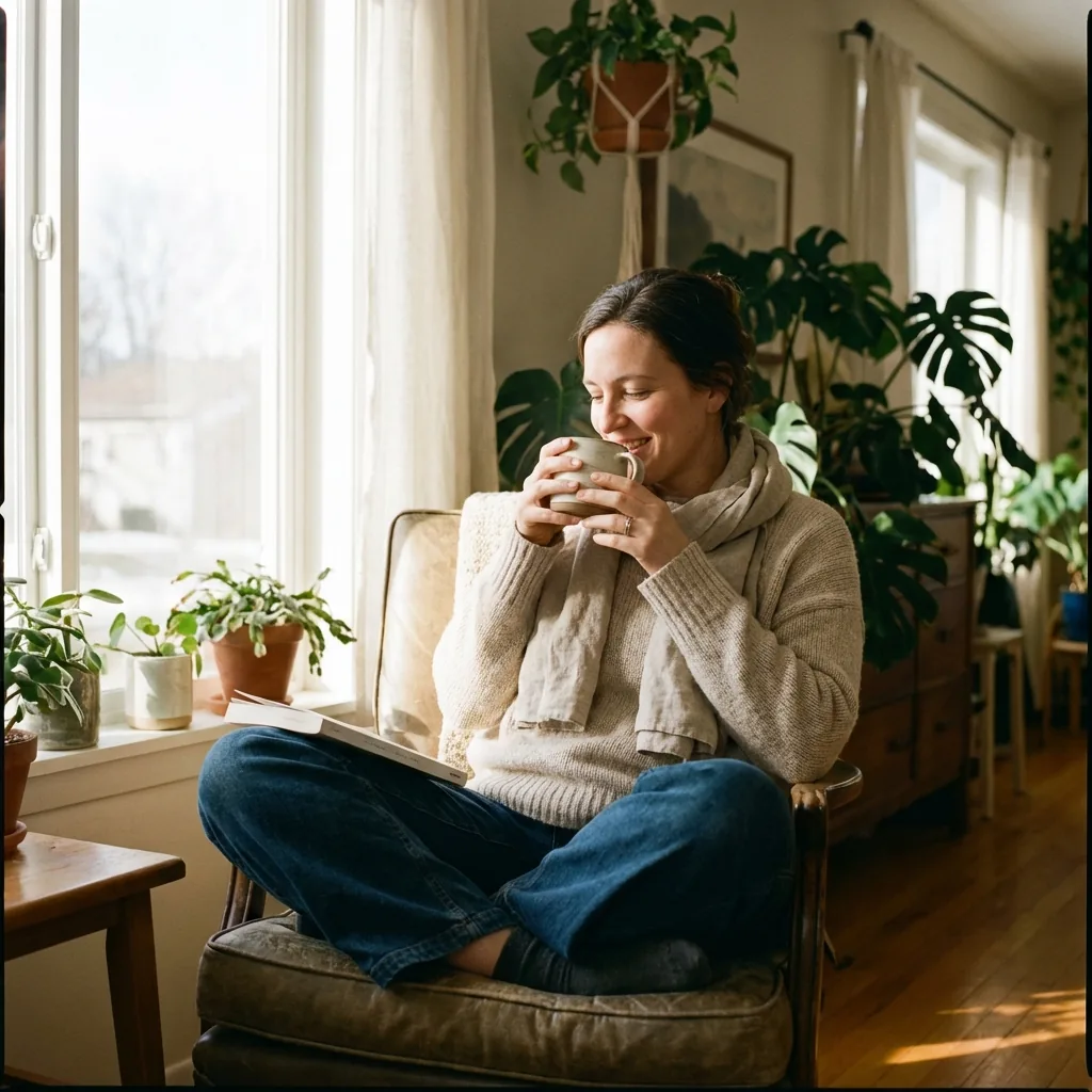 Woman sipping coffee in intentional casual outfit by window