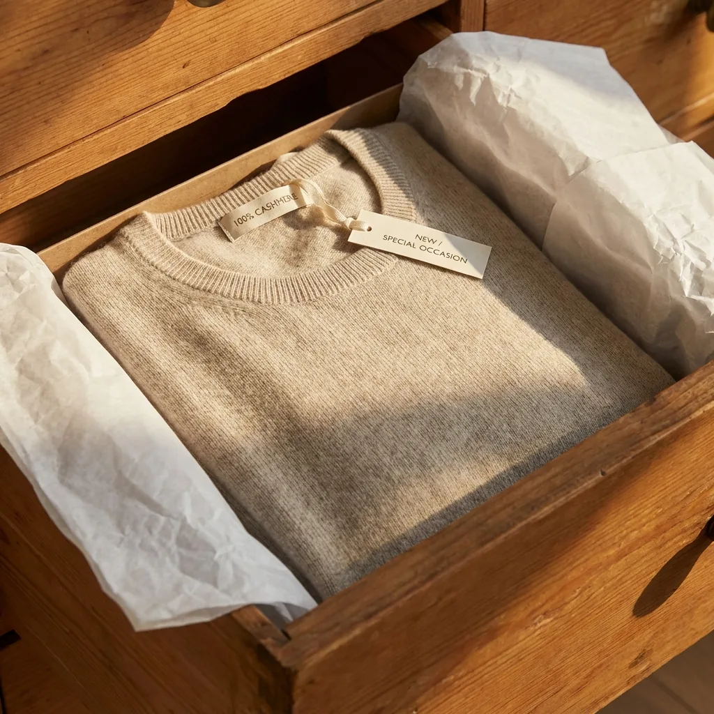 Cashmere sweater folded in tissue paper in drawer