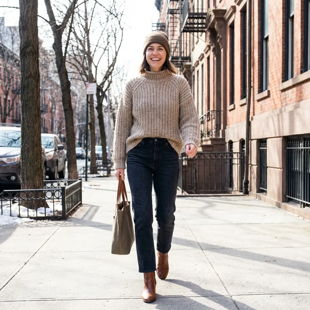 Happy woman walking confidently in simple outfit
