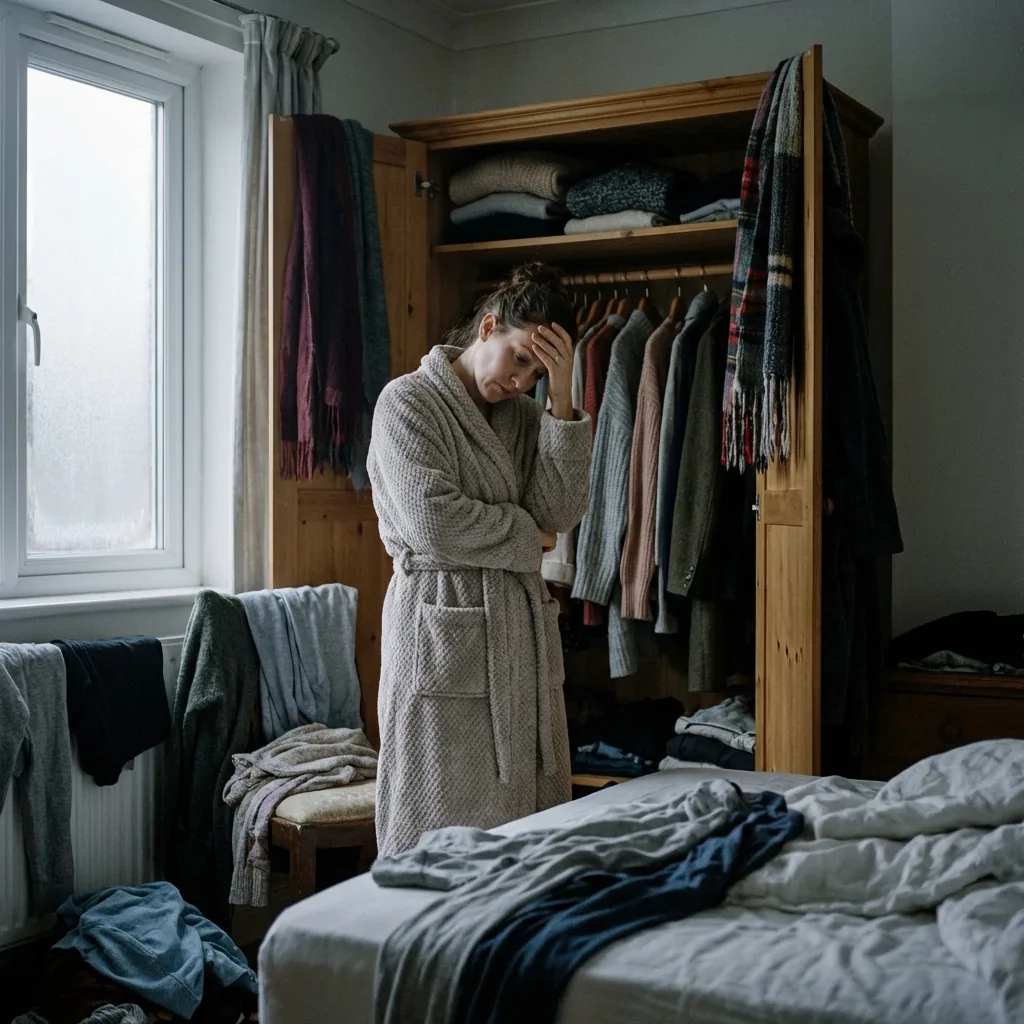 Woman staring overwhelmed at open wardrobe