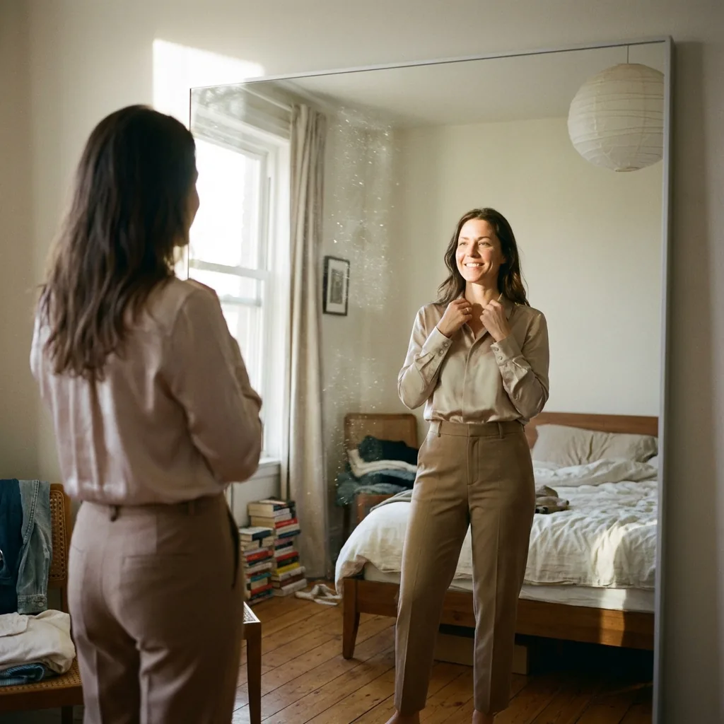 Woman checking her reflection with confidence