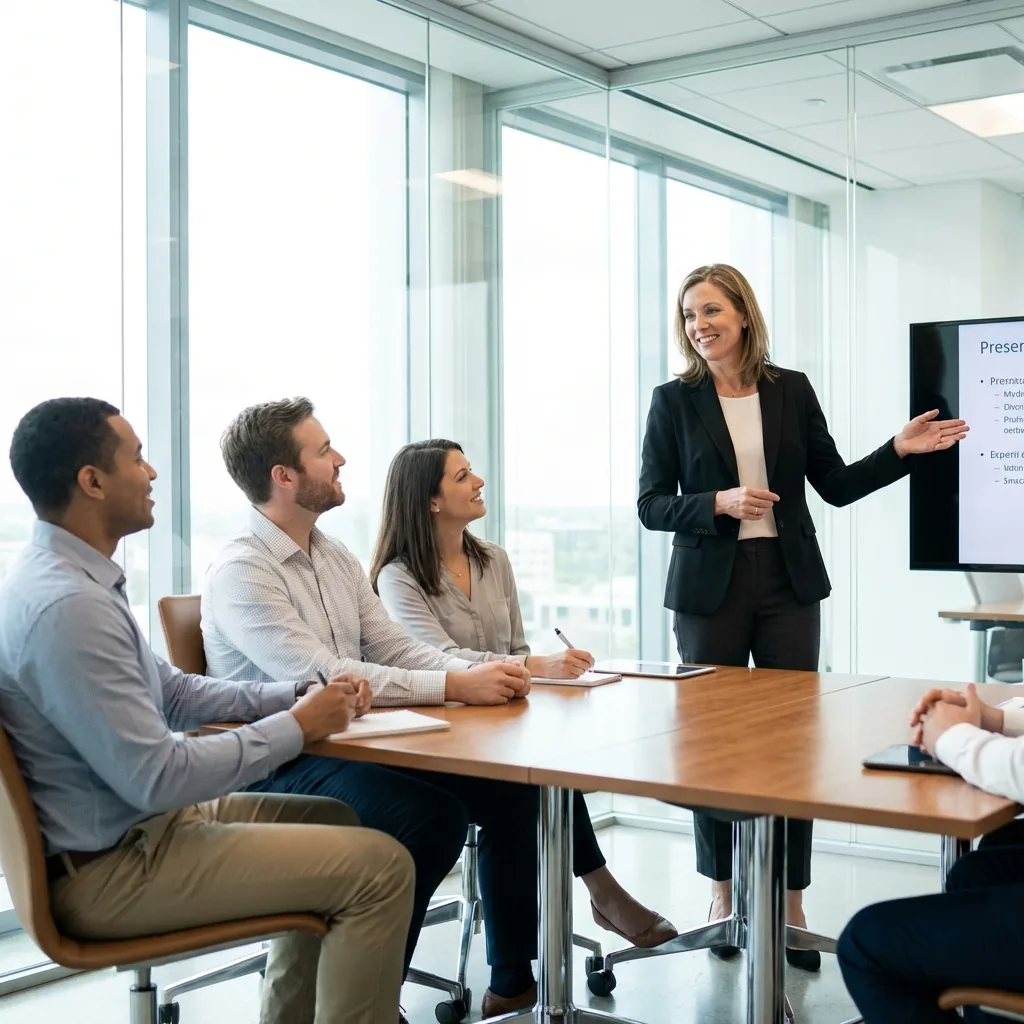 Professional woman presenting confidently in meeting