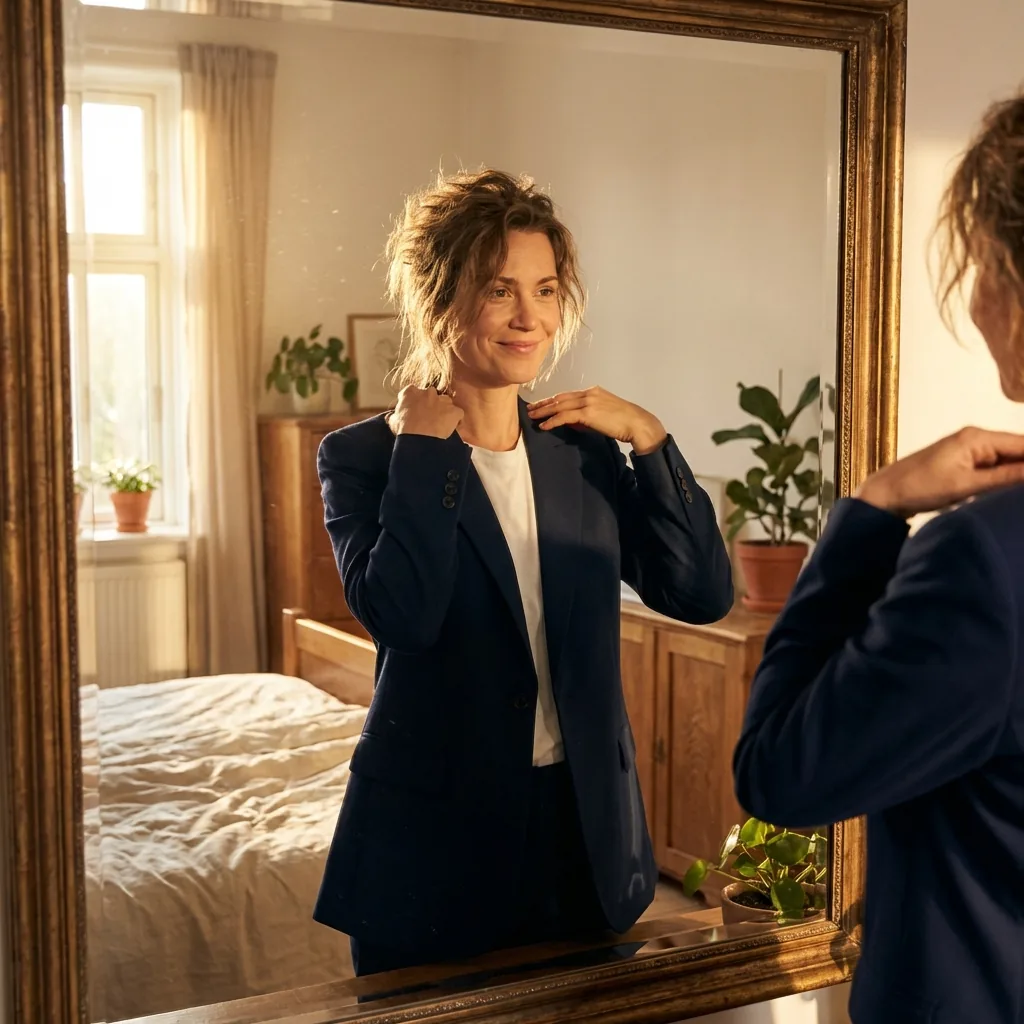 Woman adjusting blazer confidently in mirror