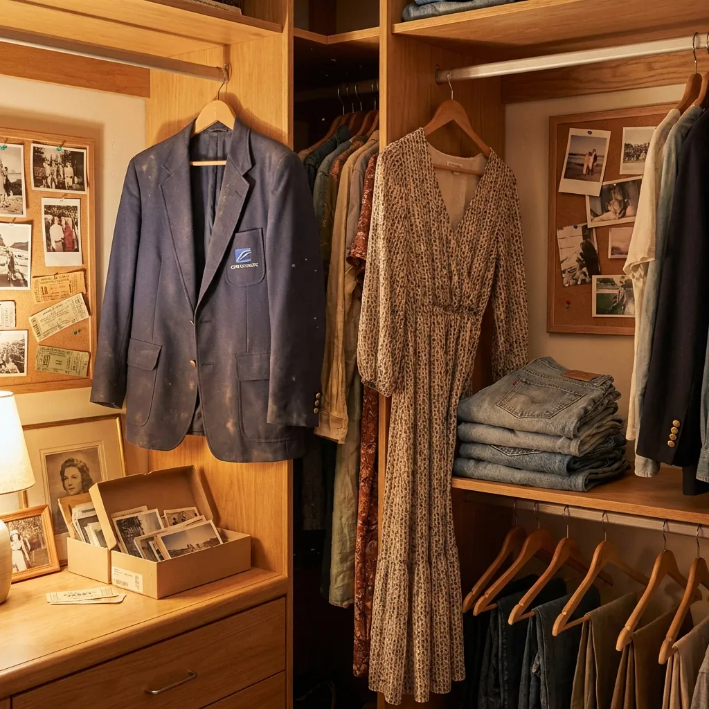 Walk-in closet with clothes from different life phases