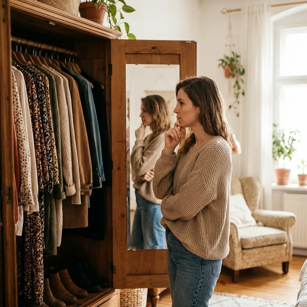 Woman standing contemplatively in front of open closet