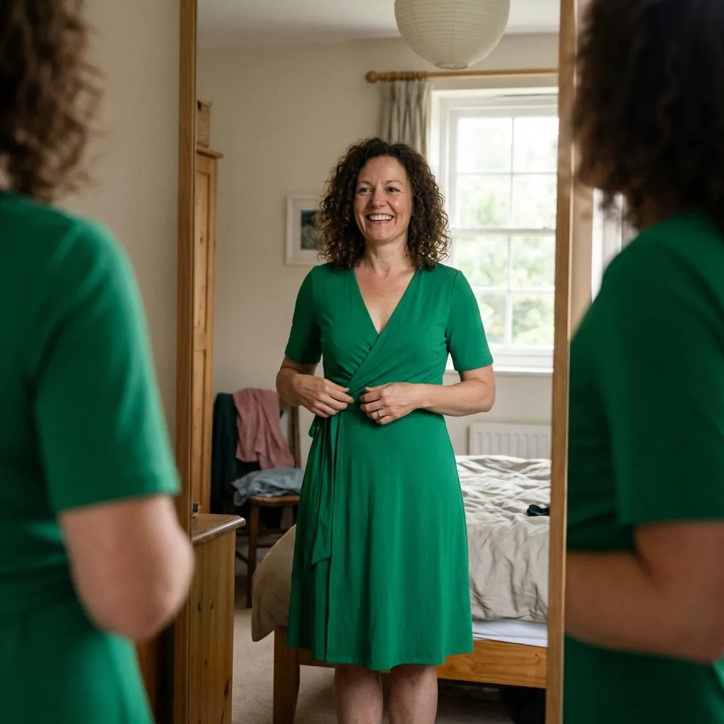 Woman confidently admiring herself in bold clothing