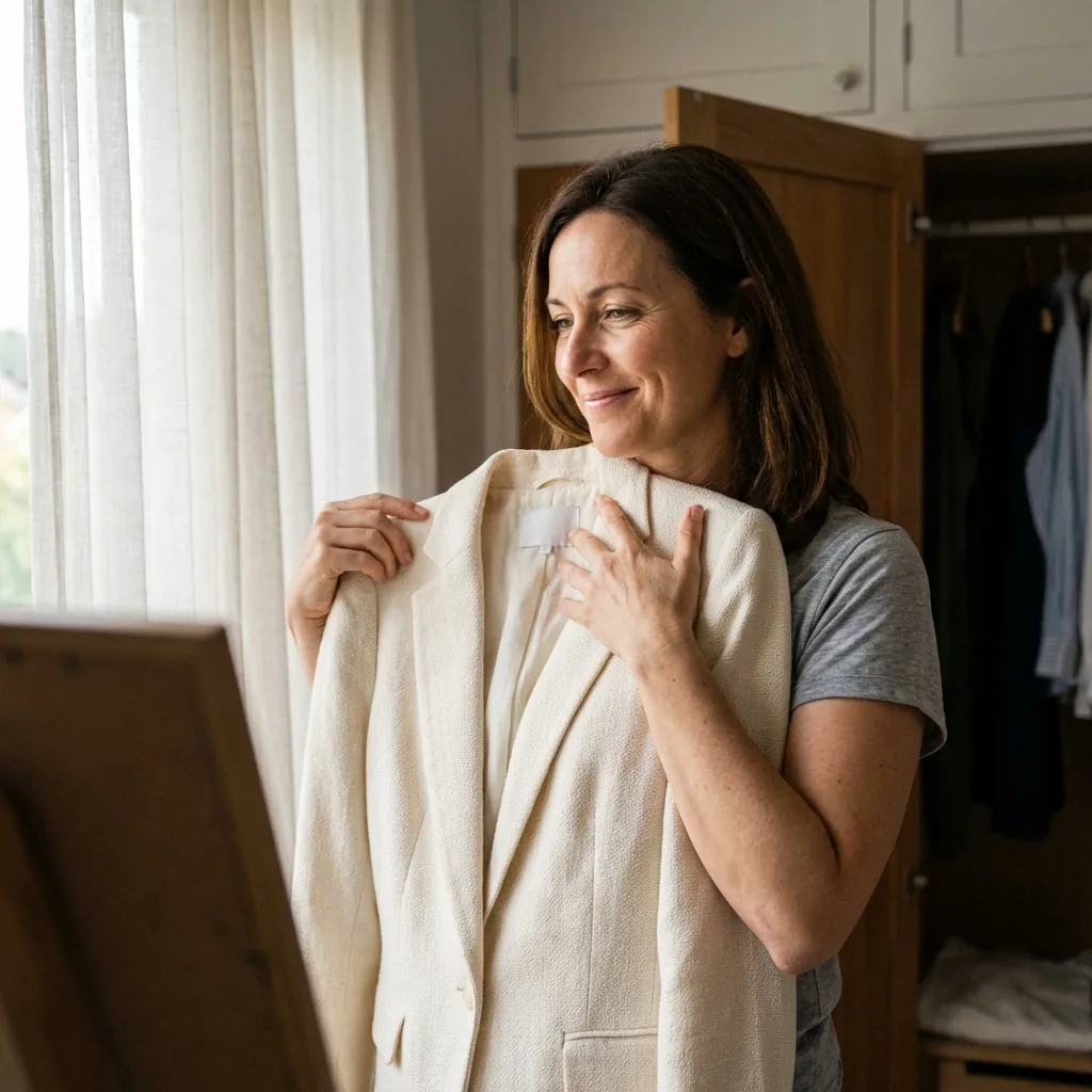 Woman holding up new clothing with hope