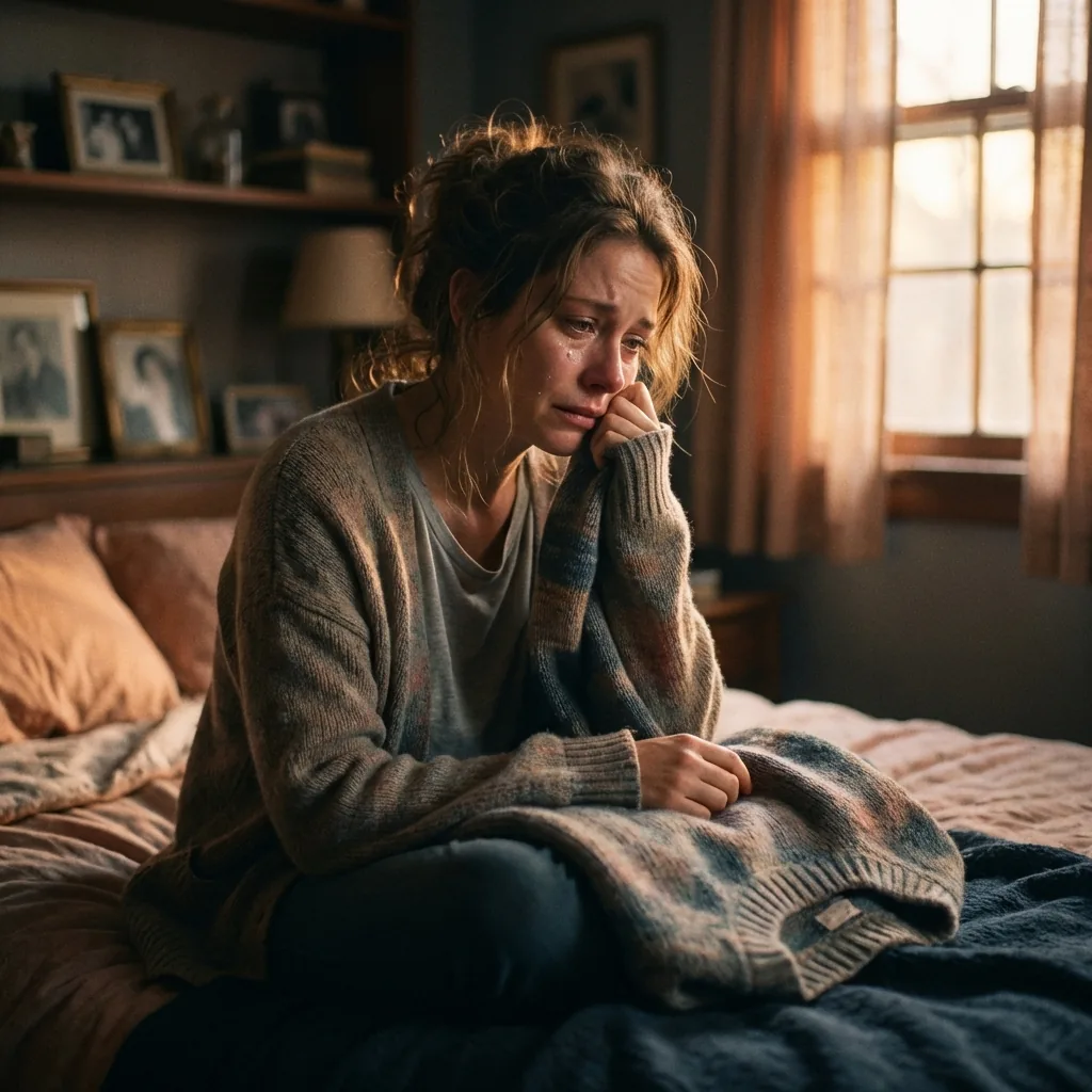 Woman holding nostalgic sweater looking pensive
