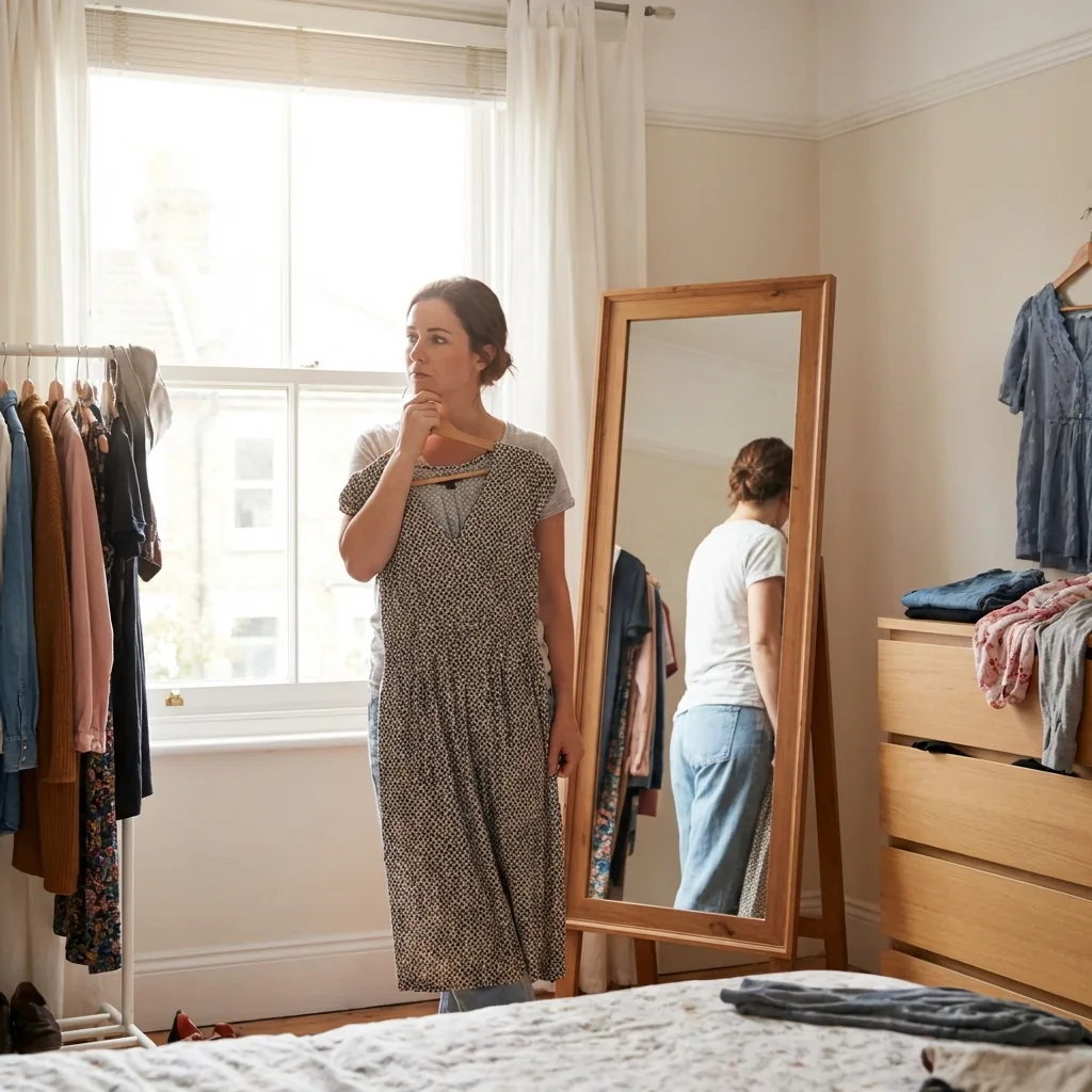 Woman holding dress looking thoughtful in mirror