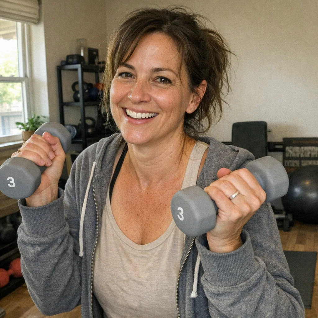 Woman smiling with dumbbells in home gym