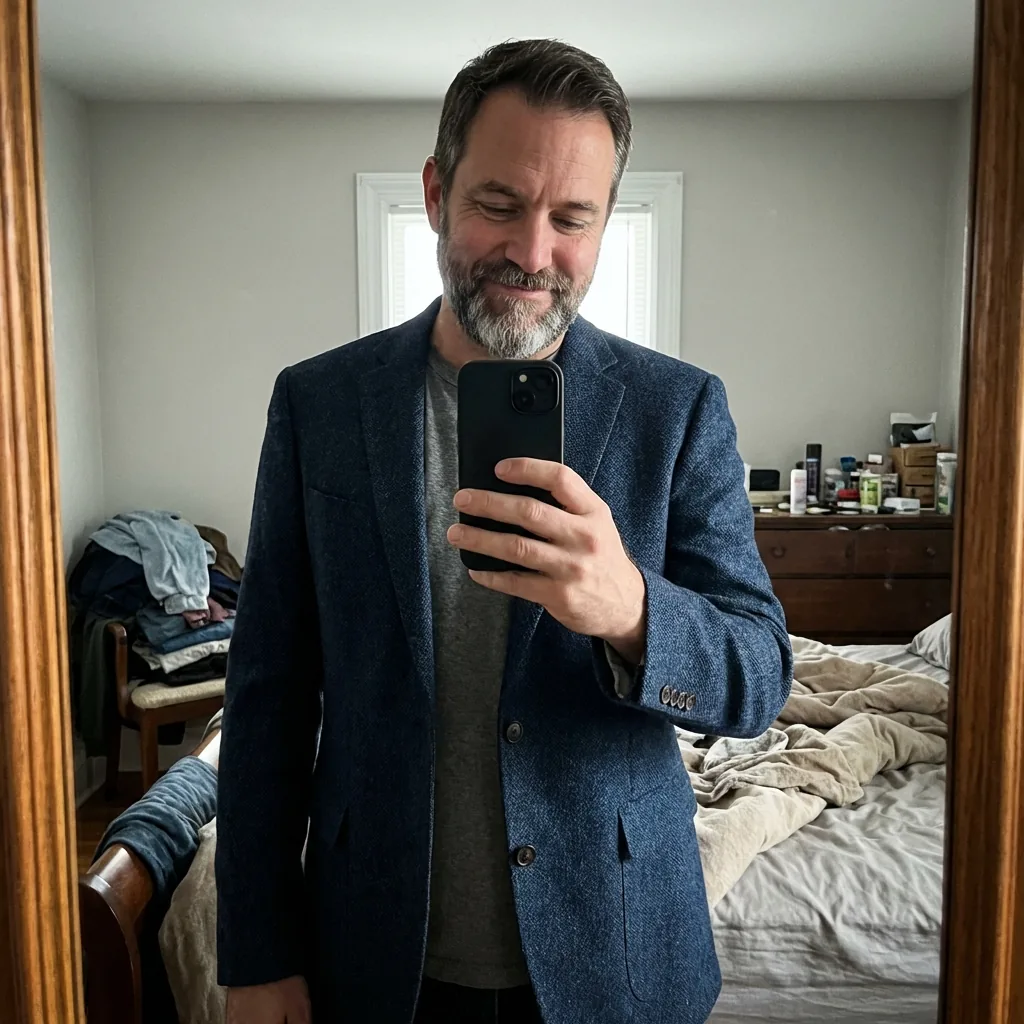 Man checking blazer fit in bedroom mirror selfie