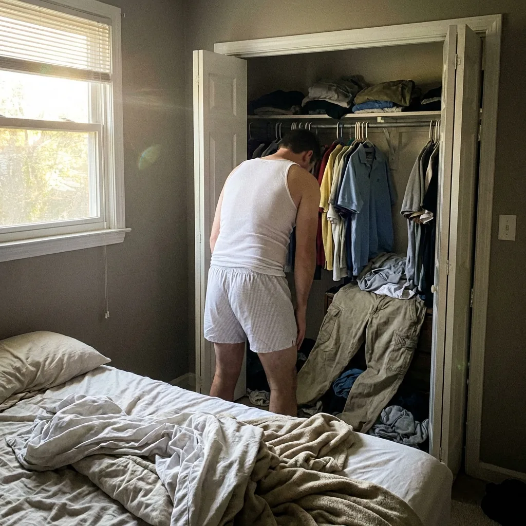 Man standing at messy closet with outdated clothes