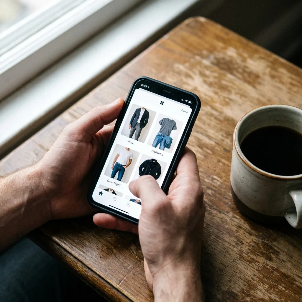 Phone displaying outfit combinations for work, weekend, and date night