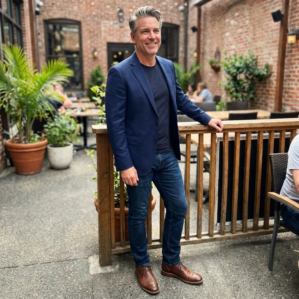 Same man in fitted navy blazer and dark slim jeans