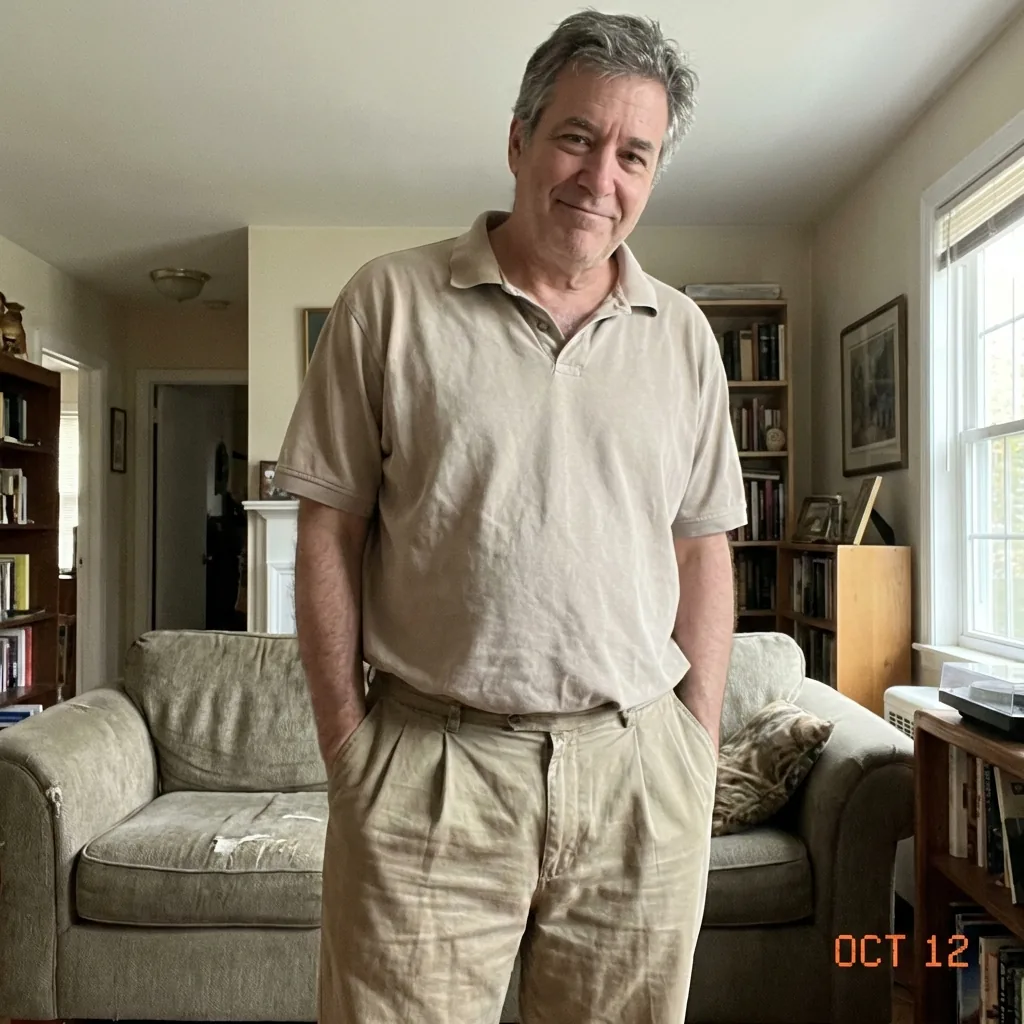 Man in baggy polo and pleated khakis