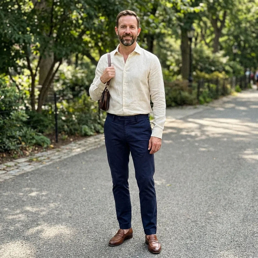 Same man in fitted cream linen shirt and well-tailored chinos