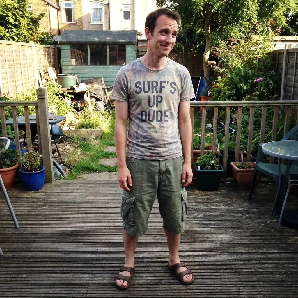 Man in graphic tee and cargo shorts