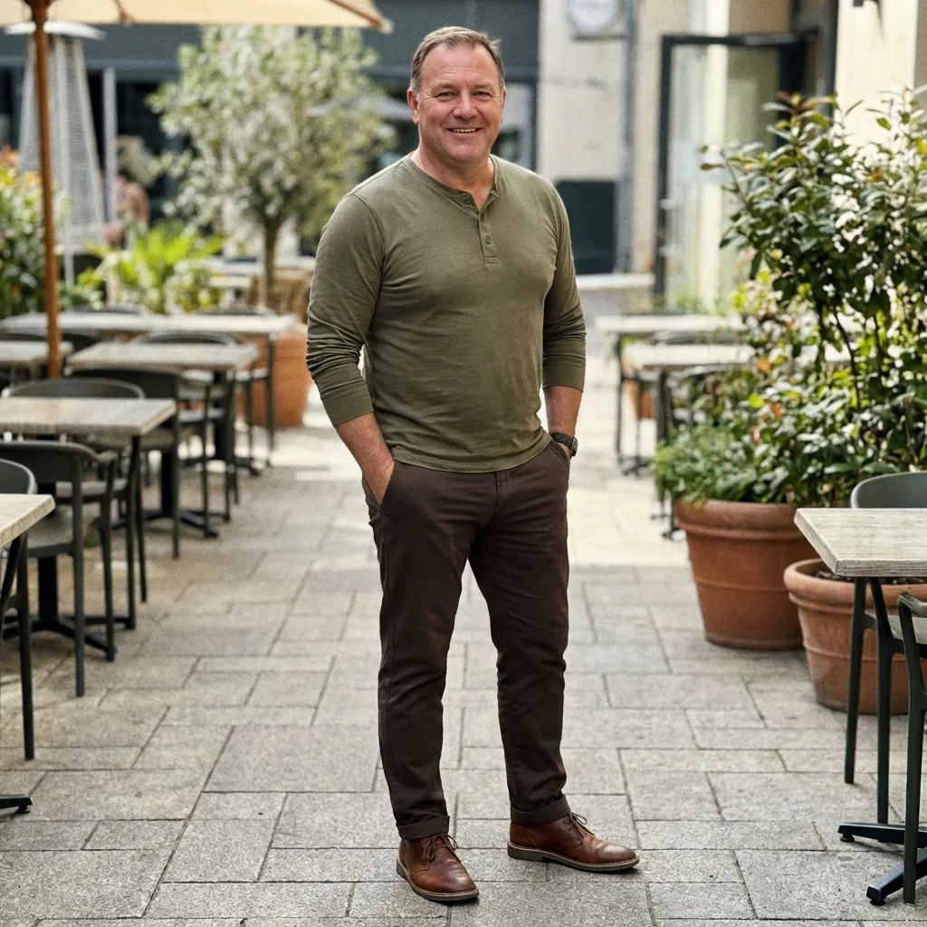 Same man in fitted henley and tailored chinos